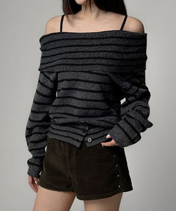 條紋開襟釦拉鍊露肩針織上衣