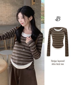 GTA Fleece-lined Striped Layered Long Sleeve Slim Knitwear Tee