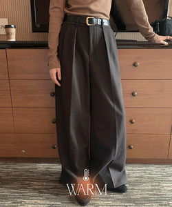 Le Heckle Fleece-lined Wide Pintuck Slacks Belt Set - 3 Colors