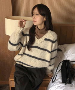 ルアズンVネックストライプラグランニット