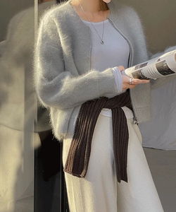 柔軟安哥拉羊毛混紡長版開襟外套