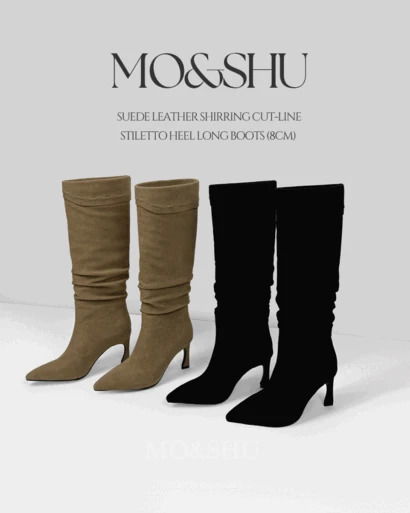 모앤슈 소가죽 스웨이드 셔링 주름 절개라인 스틸레토 힐 롱 부츠 8cm