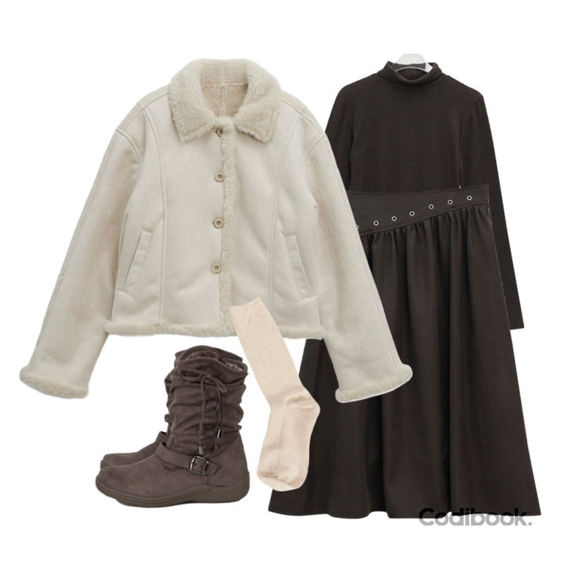 binary01 스웨이드 셔링 리본 부츠,EEZEE Long Basic Knee Socks AC006,binary01 쿠픽 무스탕 점퍼등을 매치한 코디