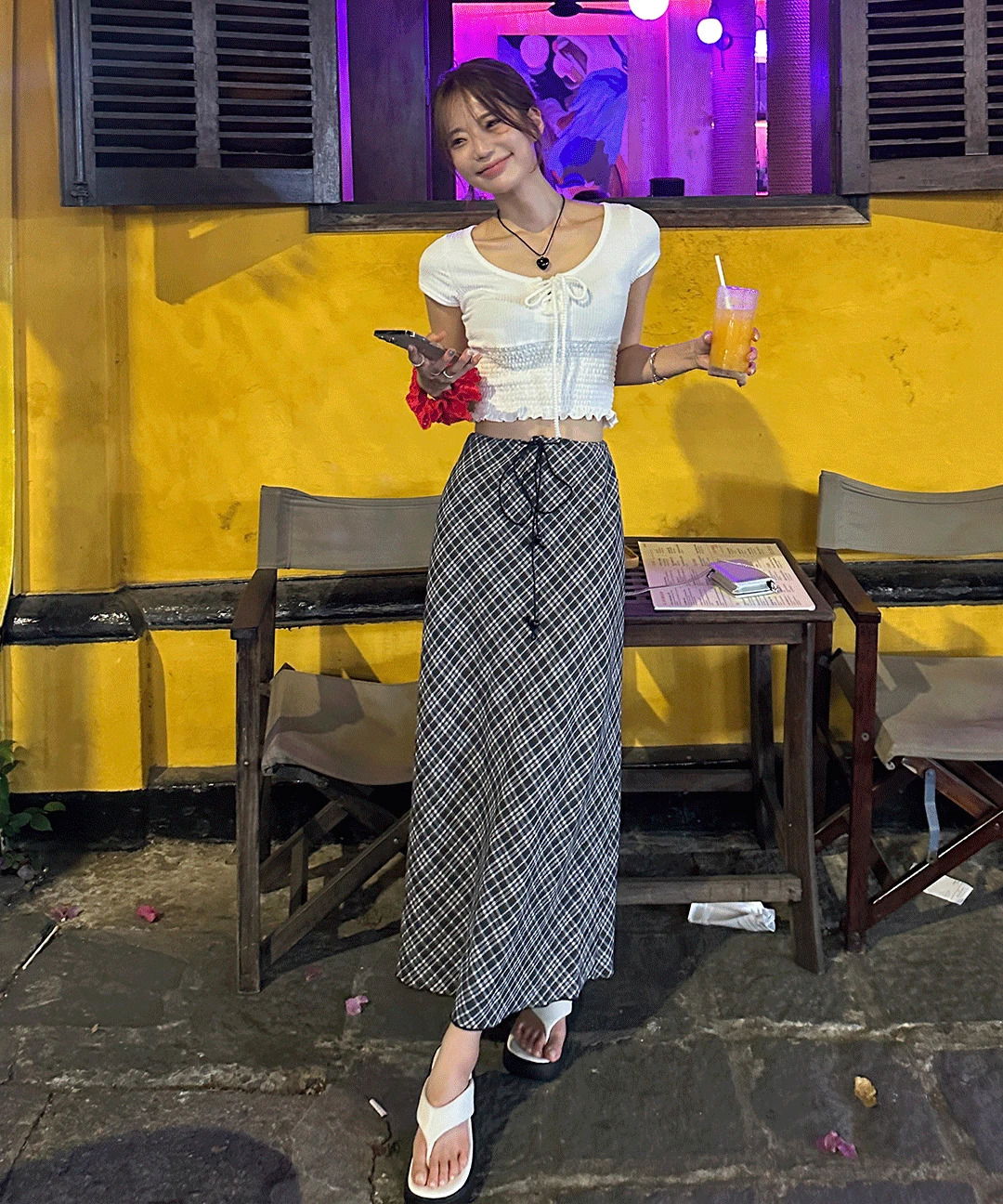 이브 체크 스트링 H라인 맥시 롱 스커트