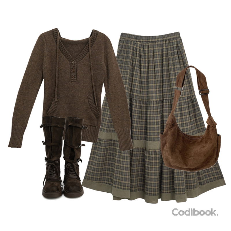 binary01 디저브 체크 롱스커트,JASMINBELL 테빈 스웨이드 반달 보부상백 빅 숄더백 크로스백 가방 데일리 캐주얼 코디아이템,binary01 키첸 후드 니트등을 매치한 코디