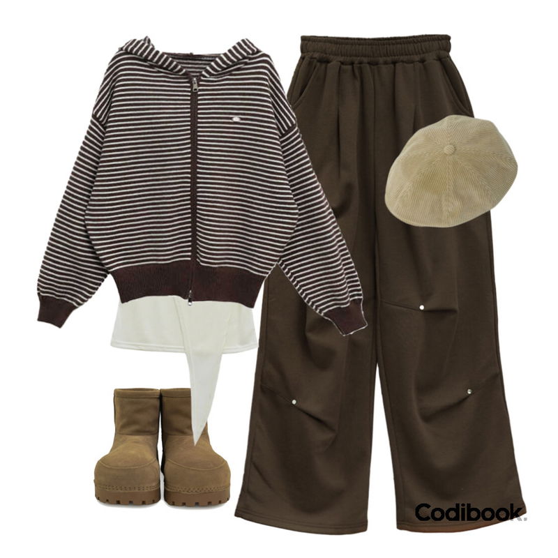 binary01 미칸 레이어드 티셔츠,binary01 클란 아일렛 리벳 기모 와이드팬츠,binary01 콜오버 소가죽 어그부츠등을 매치한 코디