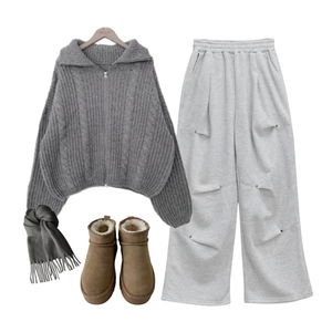 長褲,針織外套,靴子 코디