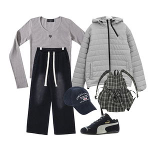 長袖上衣,羽絨外套,牛仔褲 코디