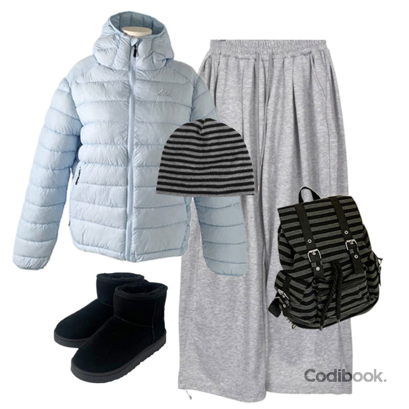 VANHECER 스트라이프 단가라 보부상 백팩 B#YW388,binary01 켄션 스트라이프 비니,anyonemore 테너 경량 스트링 웰론 후드 패딩 점퍼 (4color)등을 매치한 코디