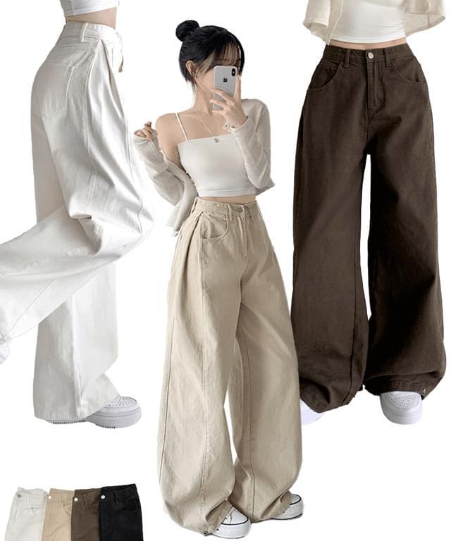 스노우 사이드 핀턱 하이웨스트 롱와이드 팬츠