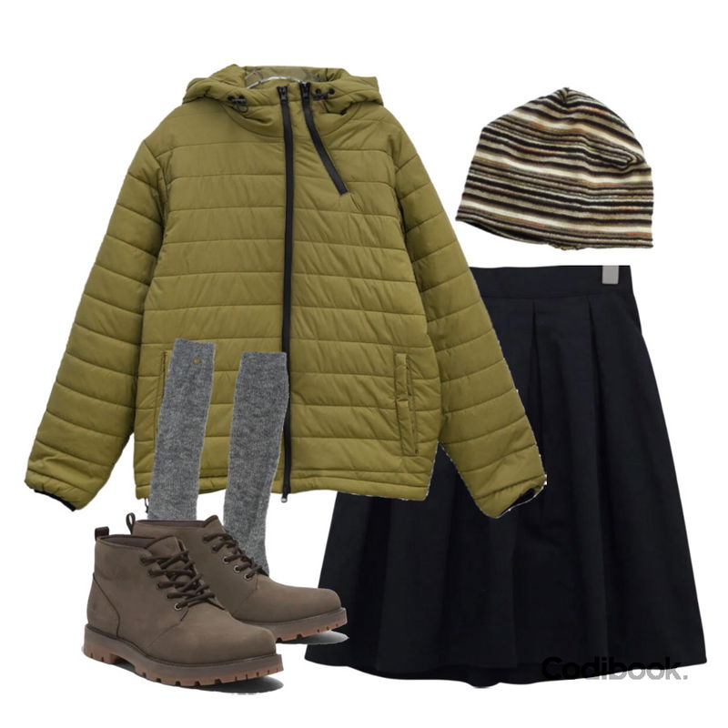 DAILYJOU 모딘 베이직 골지 울 롱 삭스,DAILYJOU 소엘다 핀턱 코튼 미디 스커트,DUGGY 포티 스트라이프 비니 (2color)등을 매치한 코디