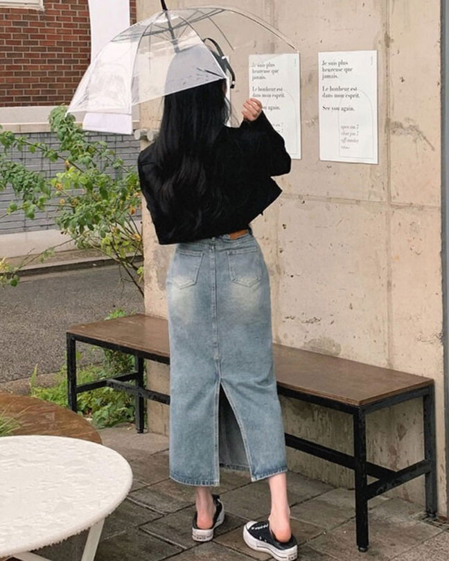 Back slit denim H long skirt jean skirt