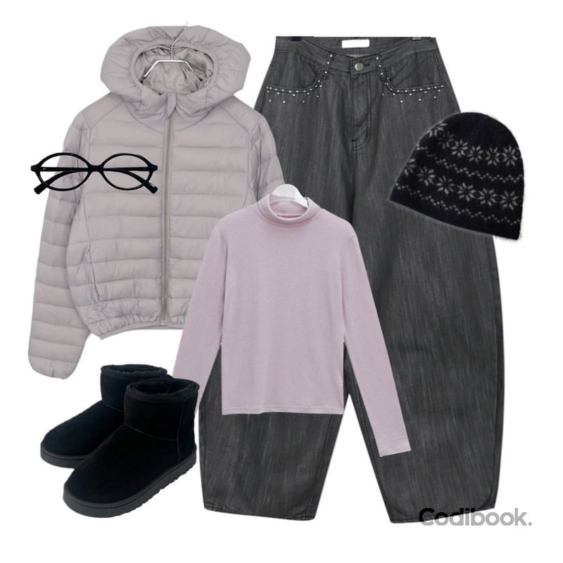 anyonemore 로페 긱시크 너드 뿔테 안경 (2color),wonderwonder 겐지 스터드 포켓 벌룬핏 데님 롱 팬츠,anyonemore 벤자 어그 양털 숏 부츠 (5color)등을 매치한 코디