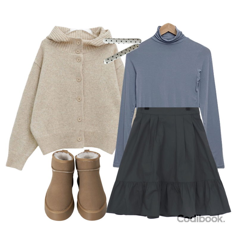 wonderwonder 토디 핀턱 레이스 플레어 뒷밴딩 미디 스커트,dangosister 땡땡이일자핀2개SET(1c),binary01 플랫폼 미니 양털부츠등을 매치한 코디