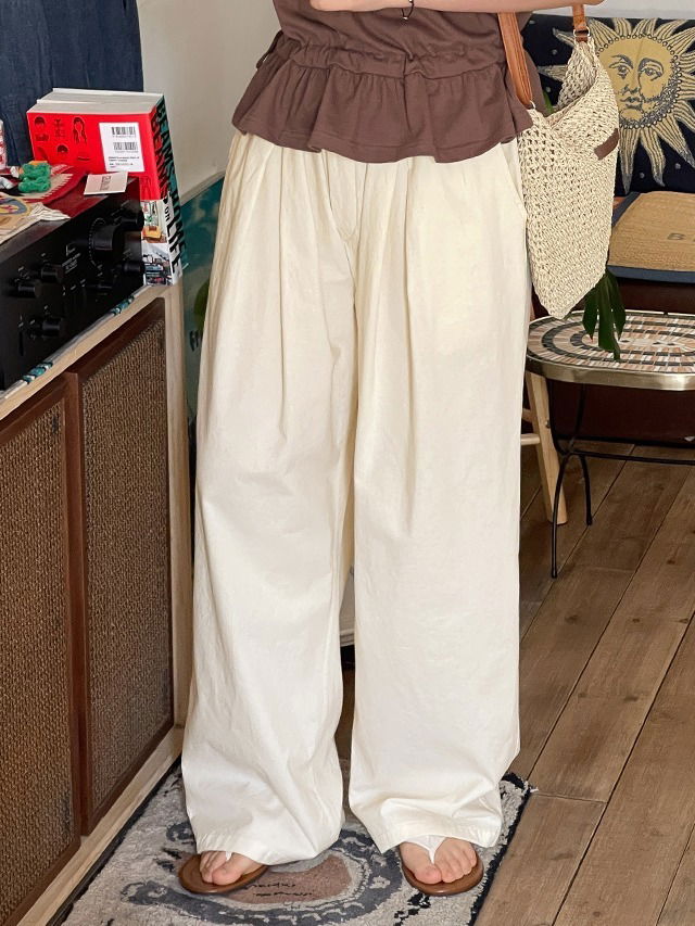 Big size S-XL Dunnide linen-like string pin tuck wide cotton banding pants resort look rainy season look 长裤