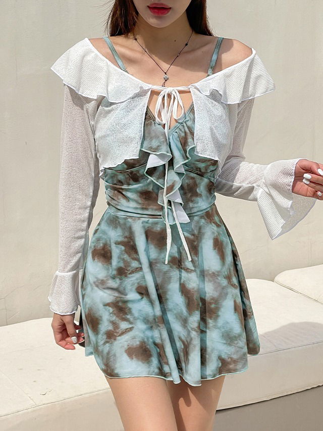 大尺碼L-4XL 普拉倫 波麗蛋糕設計荷葉邊抓褶兩件式泳裝套裝