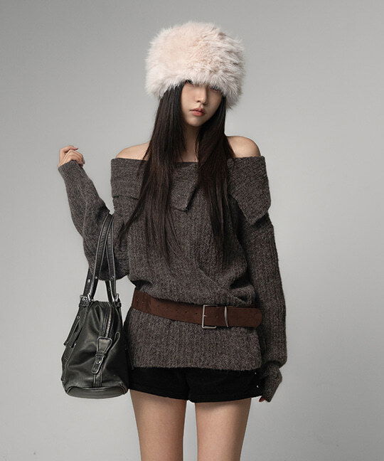 Omerun Wide Collar Off-Shoulder Wool Knitwear Belt Set (Delayed delivery) 套装