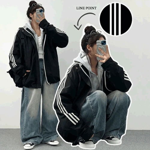 하이넥 포인트 라인배색 트랙집업