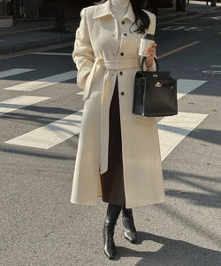 エブア 冬 カラーネックハンドメイドストラップシングルロングコート