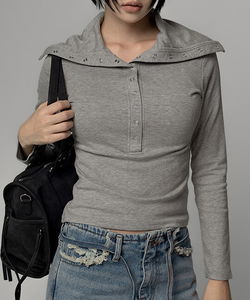 休閒灰色扣子開襟立領彈性長袖T恤