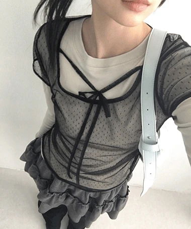 Kuoka See-through Dot Layered Short Sleeve T-shirt
