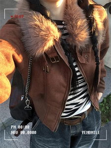 絨面皮革短版連帽絨毛外套