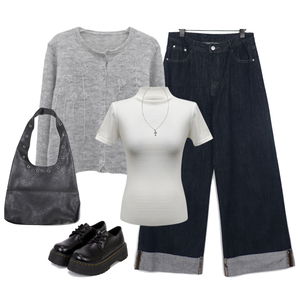 牛仔褲,針織外套,短袖上衣 코디