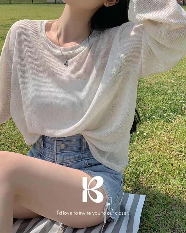 微透寬鬆圓領長袖針織衫