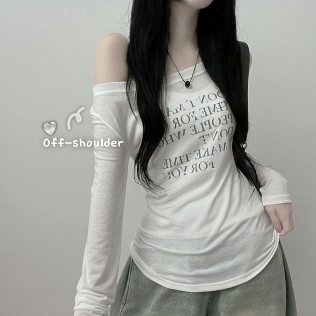 Poltime lettering see-through slim fit long sleeve T-shirt