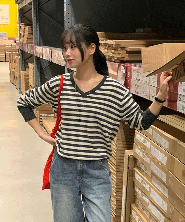 Akane V- V-Neck Stripe Knitwear -3color