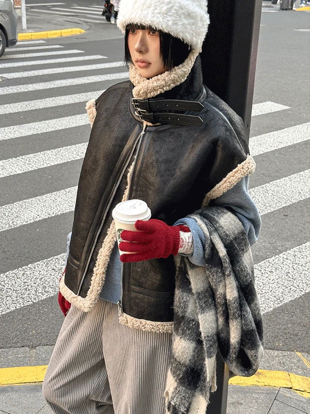 빅사이즈 55-99 피넛티 남녀공용 오버핏 덤블 하이넥 버클 레더 무스탕 베스트 조끼