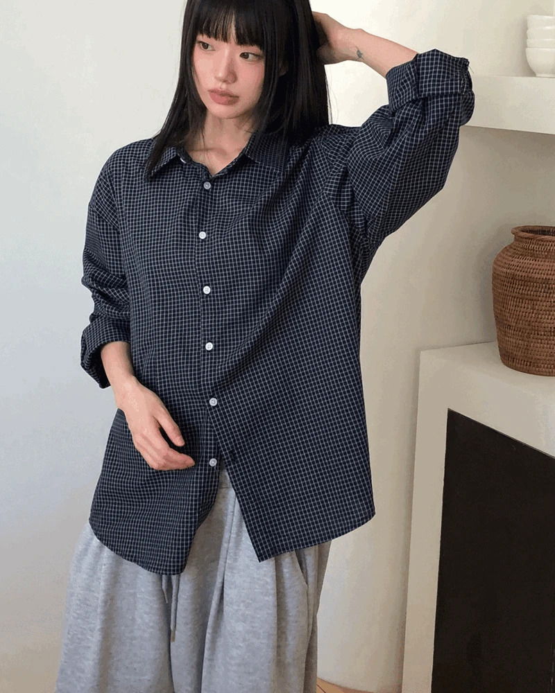 Big check collar oversized long-sleeved shirt 衬衫