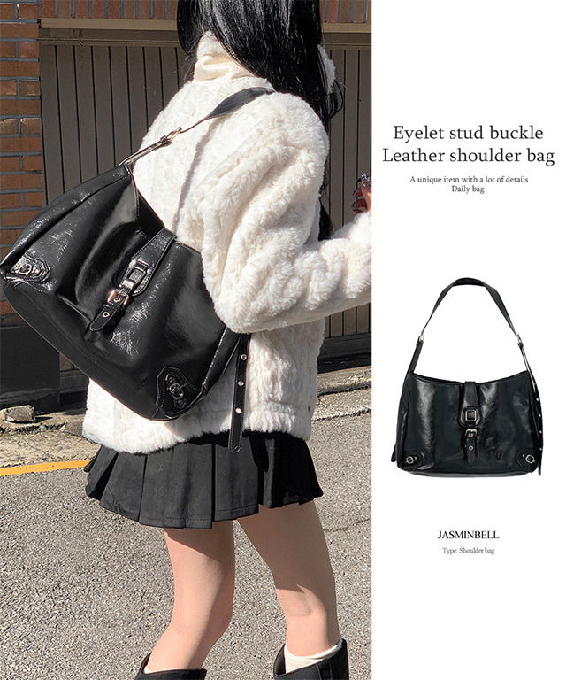 Becky Eyelet Stud Buckle Strap Leather Shoulder Bag Hobo Bag Unique Hip Y2K Vintage Big Bag Adjustable Strap 肩背包