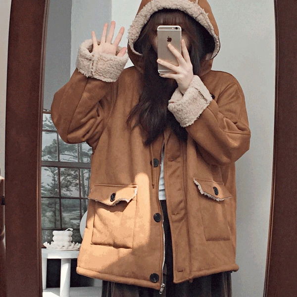 Cinnamon Hooded Suede Fleece Jacket(2 colors)