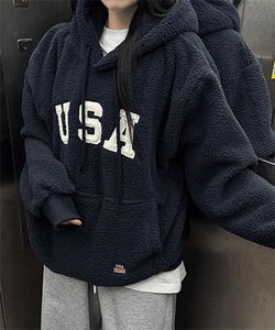 保暖絨毛刺繡寬鬆連帽衫