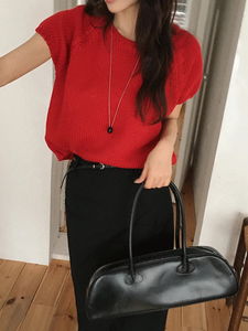 圓領五分袖短版針織上衣