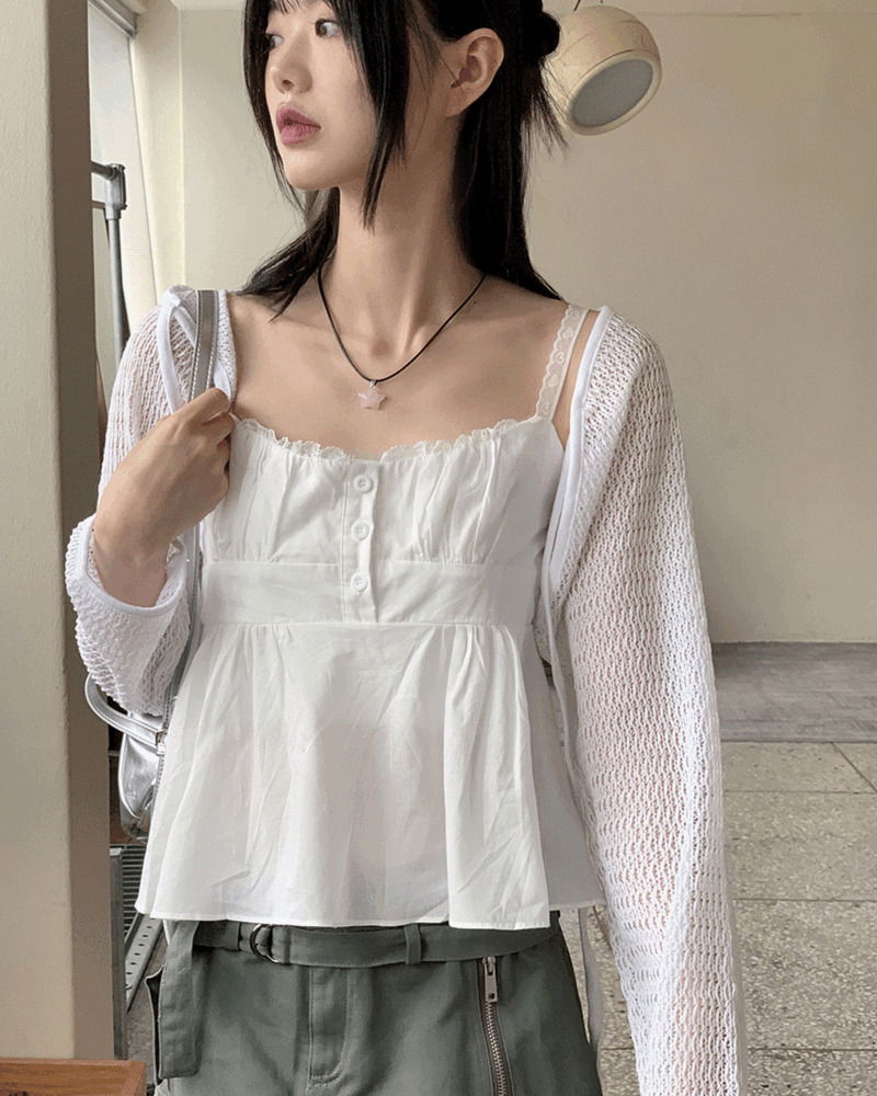 Blena Heart Strap Button Lace Cropped Sleeveless Blouse