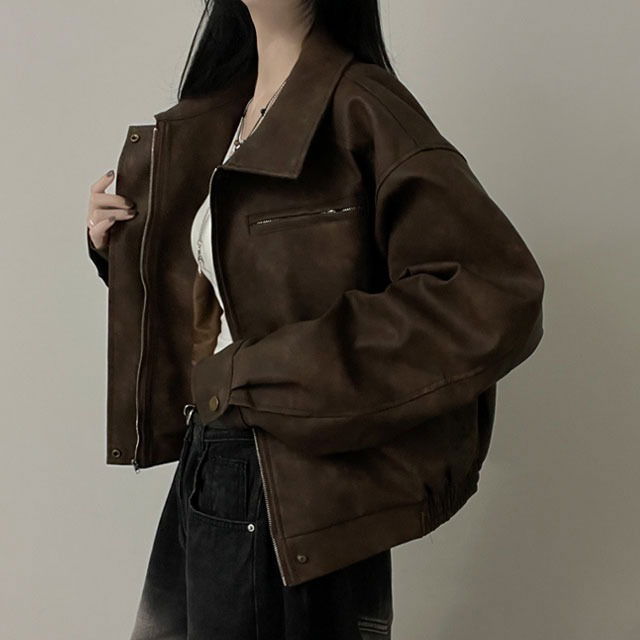 側邊拉鍊半短版麂皮霧面皮革外套夾克