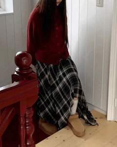 不對稱層次格紋羊毛長及膝裙