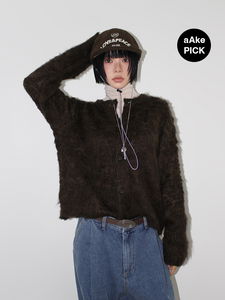 HAIRY BLEND KNIT CARDIGAN (brown / black)