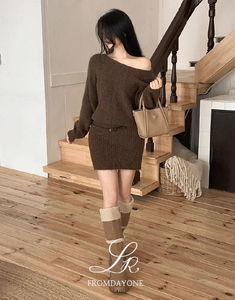 (Exclusive) Rushu Boat Neck Knitwear Mini Dress