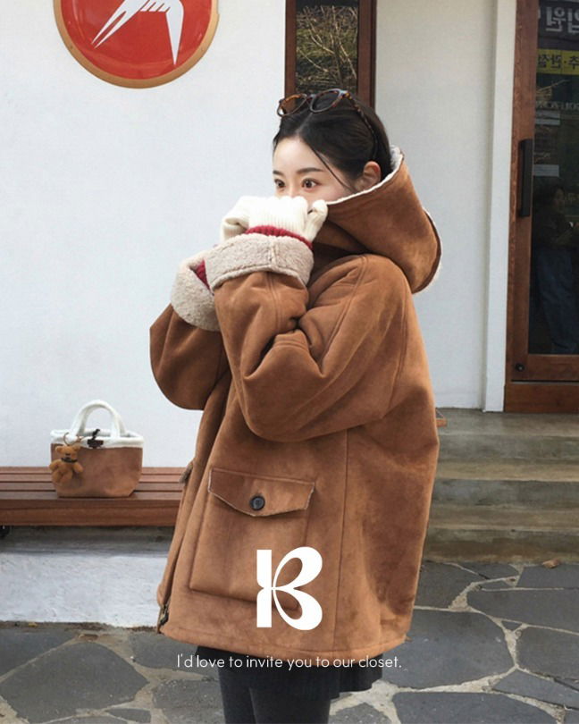 棕色絨毛連帽寬鬆羊毛大衣