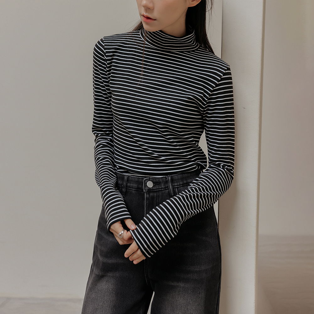 奈麗軟羊刷條紋高領T卹