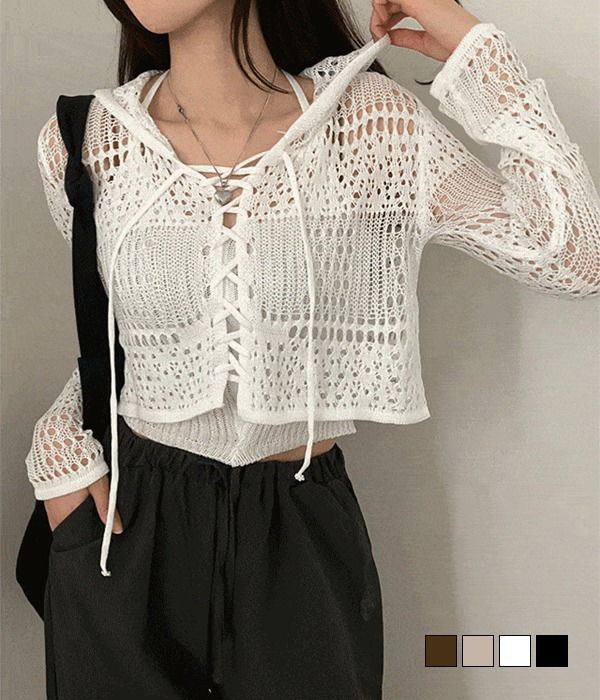 스카시 아일렛 후드 네트 니트 투피스 세트