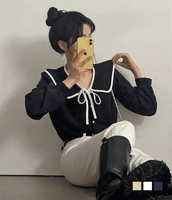 Bonnet Color Matching Ribbon Big Collar Long Sleeve Knitwear Blouse 雪紡襯衫