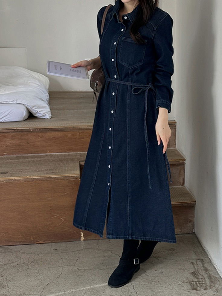 丹寧拼接肩帶開岔長版連身洋裝
