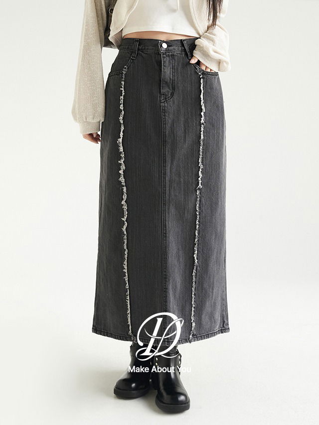 Big Size S-4XL Pale Fringe Back Banding Denim Long Skirt Denim Skirt