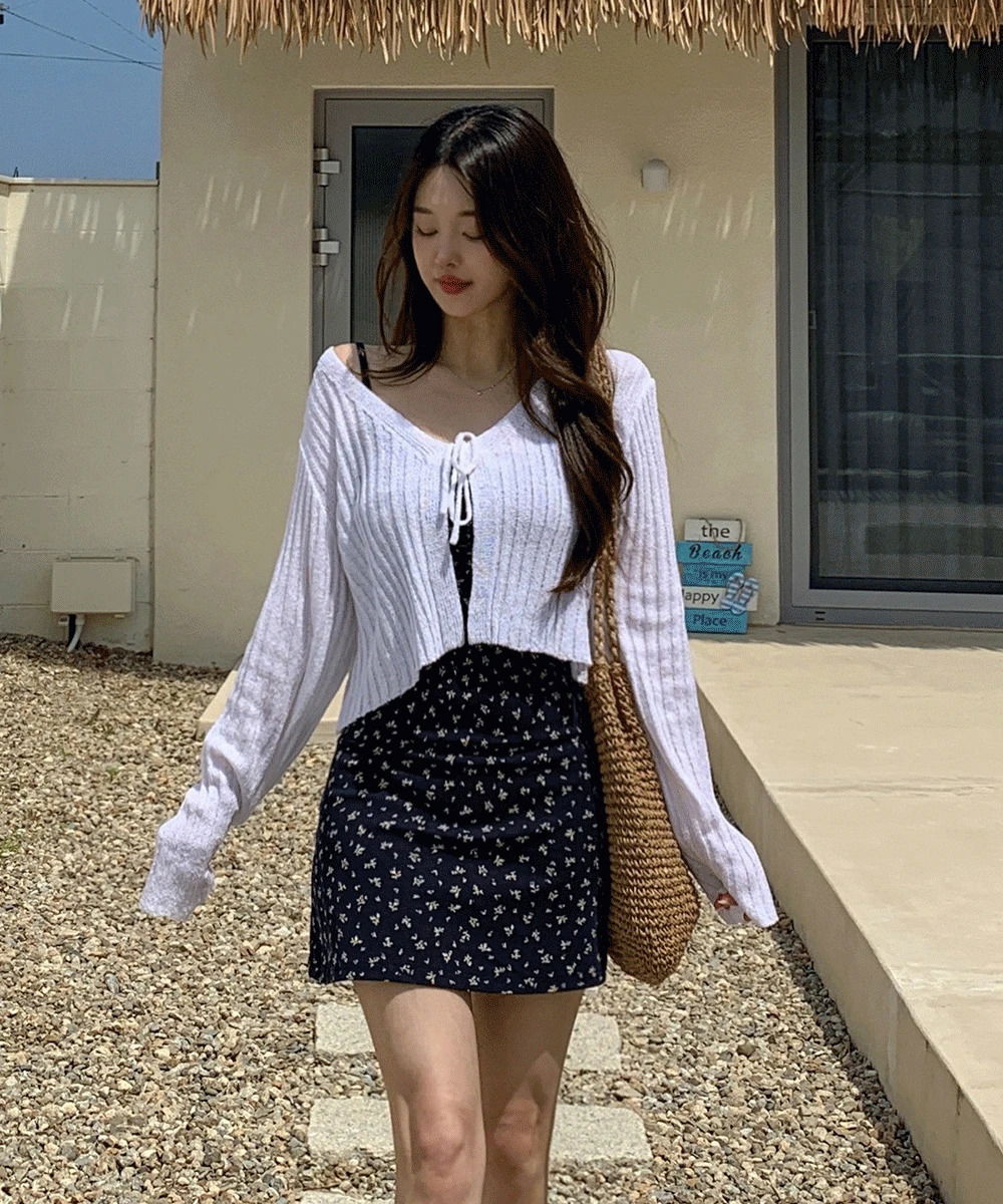 蝴蝶結綁帶V領短版羅紋開襟外套