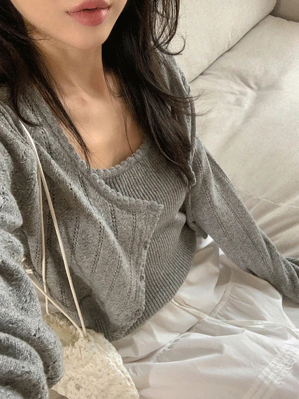 Peroa Winter Wool Frill Punching Crop Knitwear Cardigan