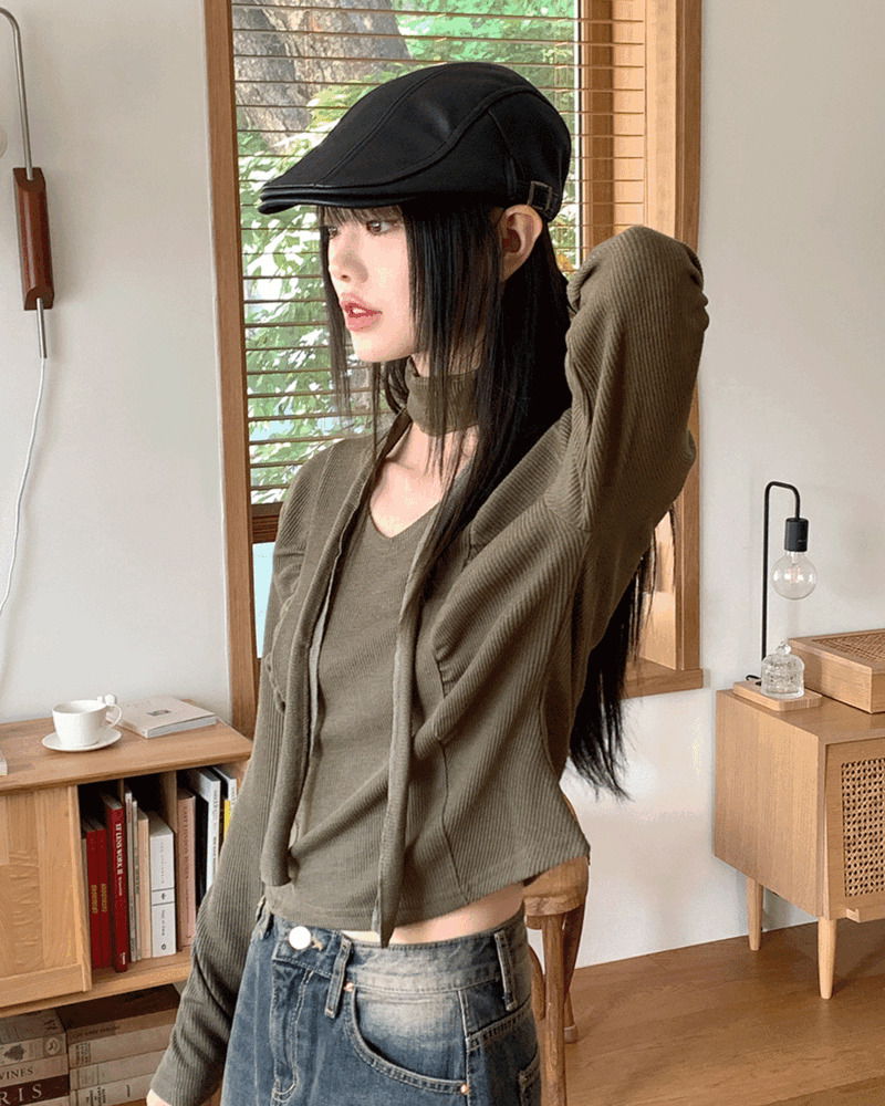 側綁帶短版長袖針織上衣